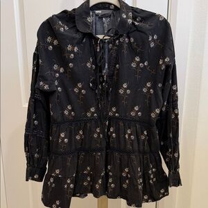 Anthropologie Black Floral Tie-Neck Tiered Peasant Top